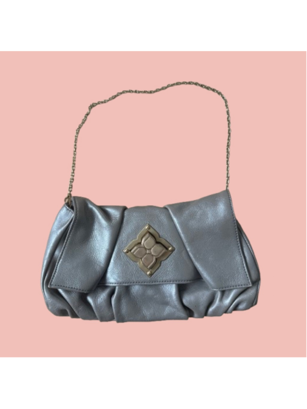 BCBG Max Azria Grey Leather Clutch Chain Bag – Ruched Gold Detail